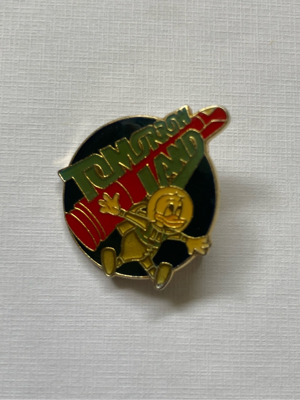 Vintage Donald Duck Tomorrowland  Enamel Pin - Black, Red, Gold